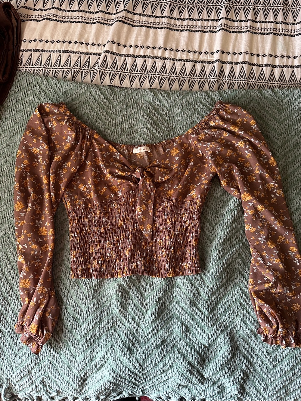 Blush Brown Floral Tie-Front Smocked Blouse